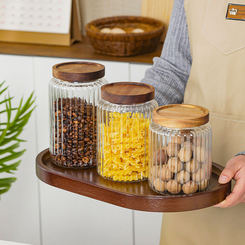 Ribbed Glass Food Storage Jar with Wooden Lid