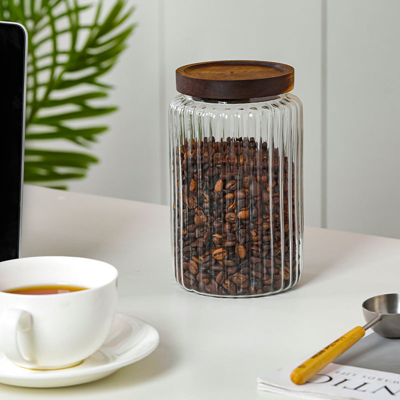 Ribbed Glass Food Storage Jar with Wooden Lid