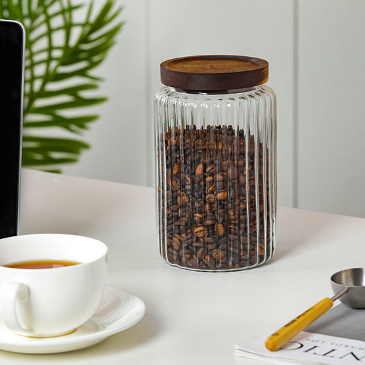 Ribbed Glass Food Storage Jar with Wooden Lid