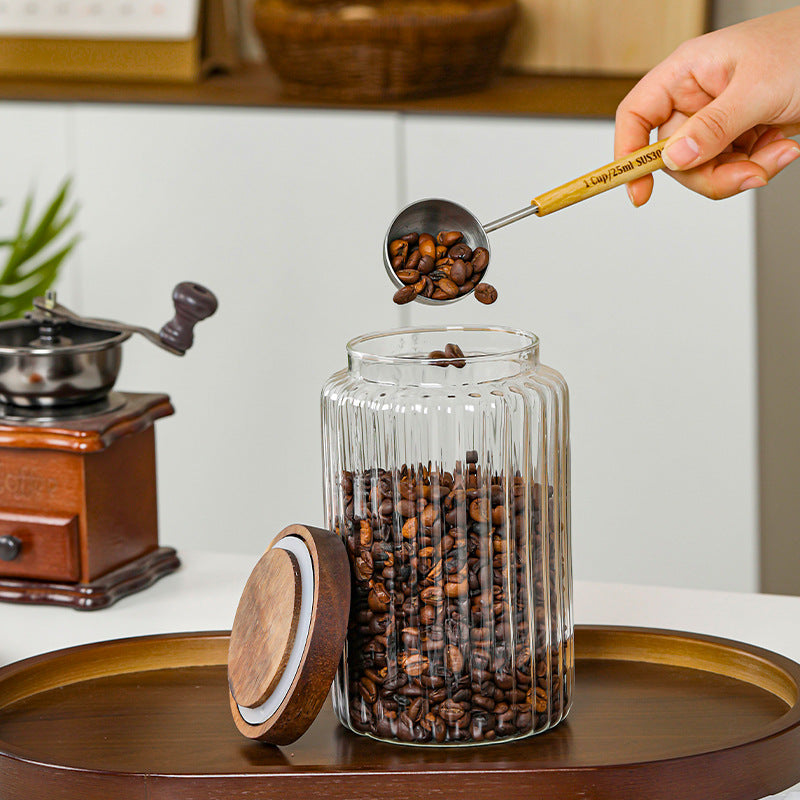 Ribbed Glass Food Storage Jar with Wooden Lid
