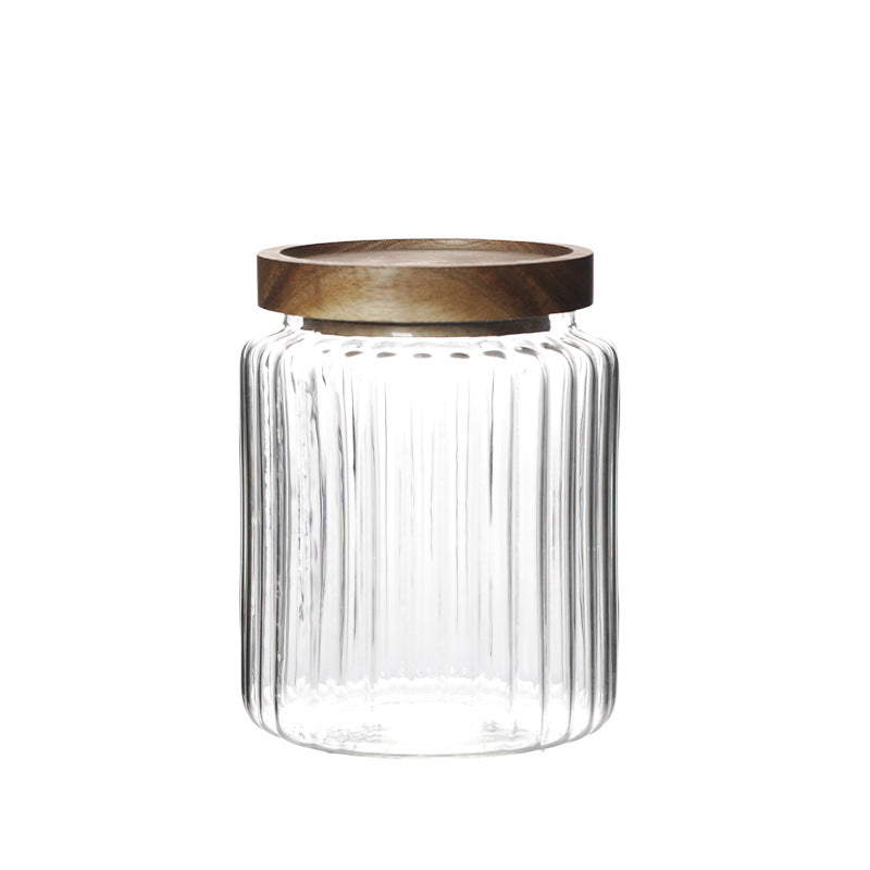 Ribbed Glass Food Storage Jar with Wooden Lid