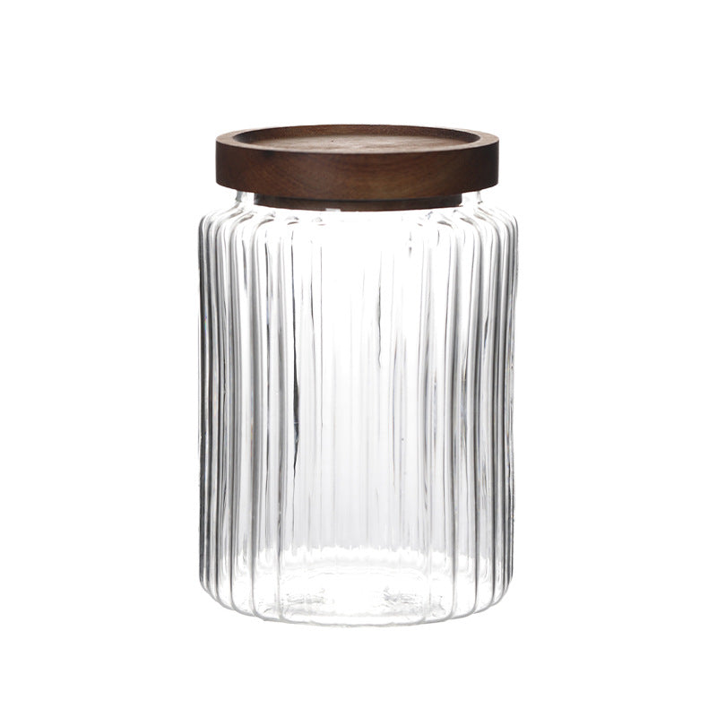 Ribbed Glass Food Storage Jar with Wooden Lid
