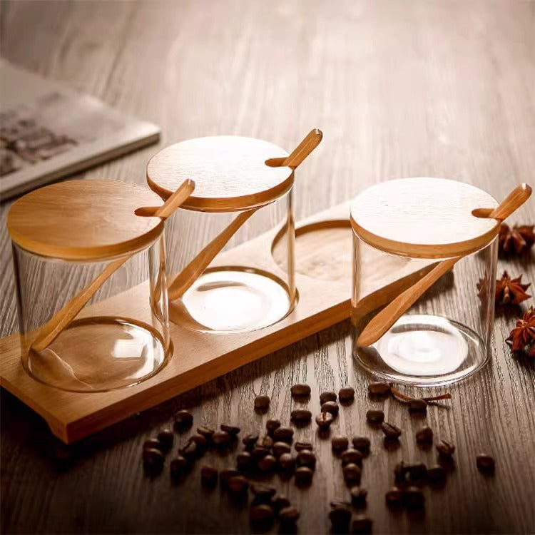 Glass Spice Jar Set with Wooden Lids, Spoons & Storage Tray