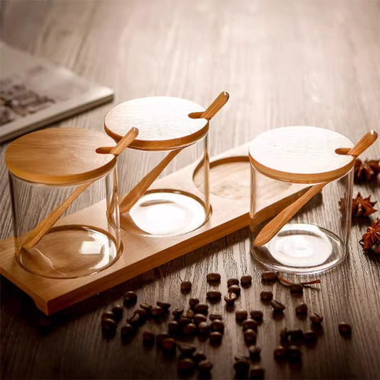 Glass Spice Jar Set with Wooden Lids, Spoons & Storage Tray