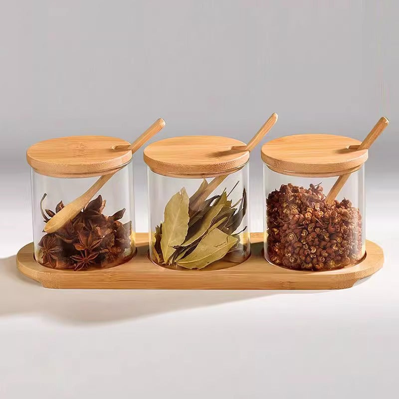 Glass Spice Jar Set with Wooden Lids, Spoons & Storage Tray