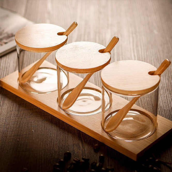 Glass Spice Jar Set with Wooden Lids, Spoons & Storage Tray