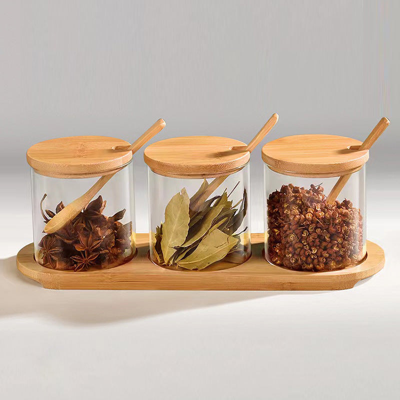 Glass Spice Jar Set with Wooden Lids, Spoons & Storage Tray